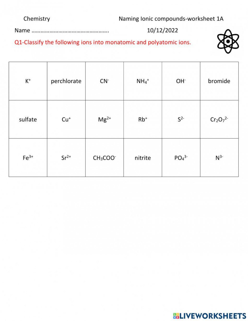 Polyatomic and monatomic ions worksheet  Live Worksheets