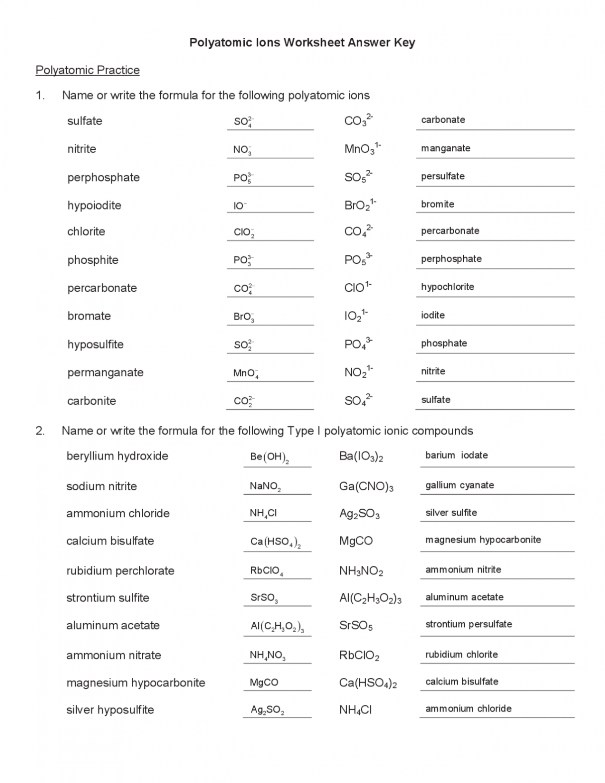 Polyatomic Ions Worksheet Answer Key Polyatomic Practice  Exams