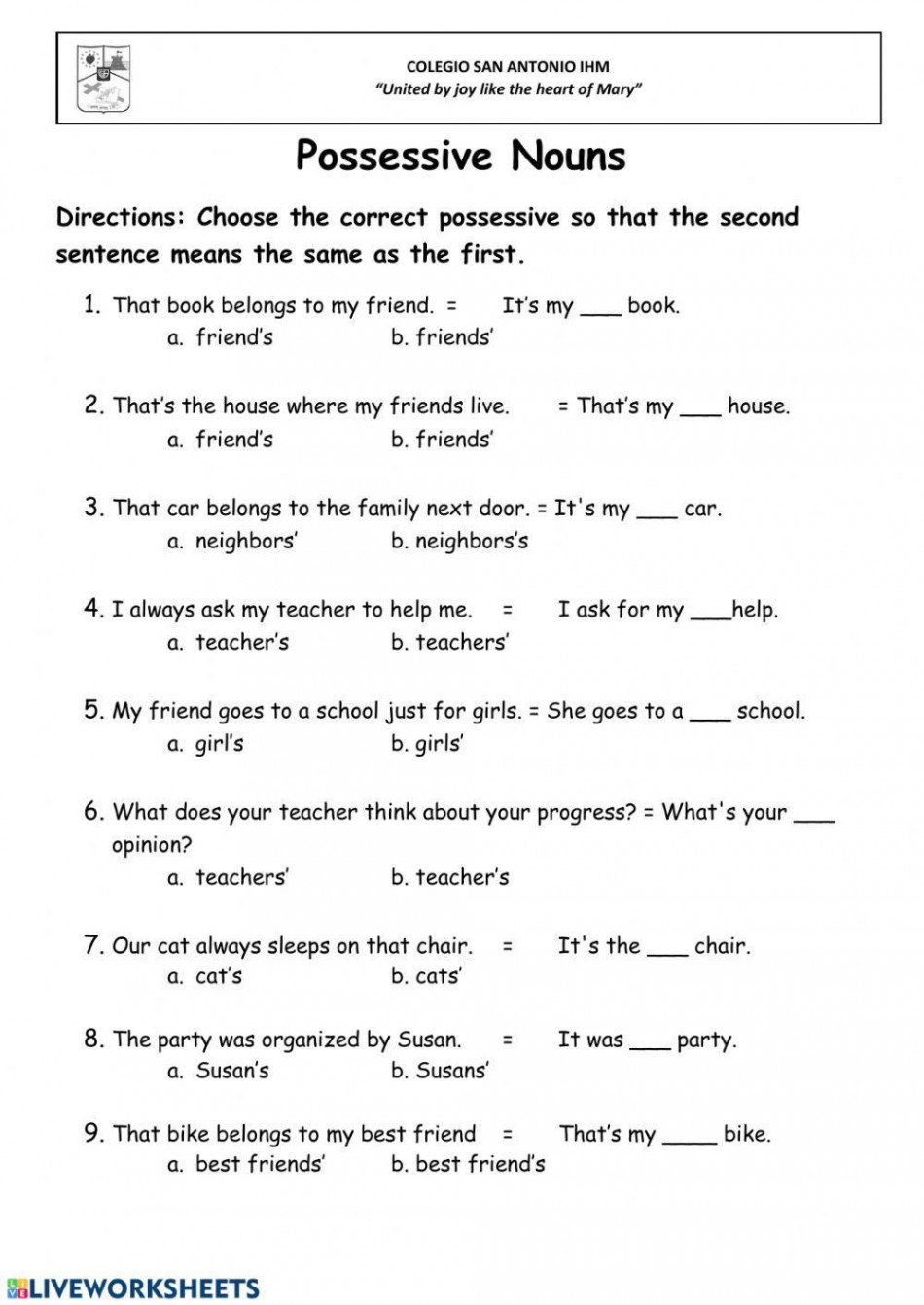 Possessive Nouns online activity  Live Worksheets