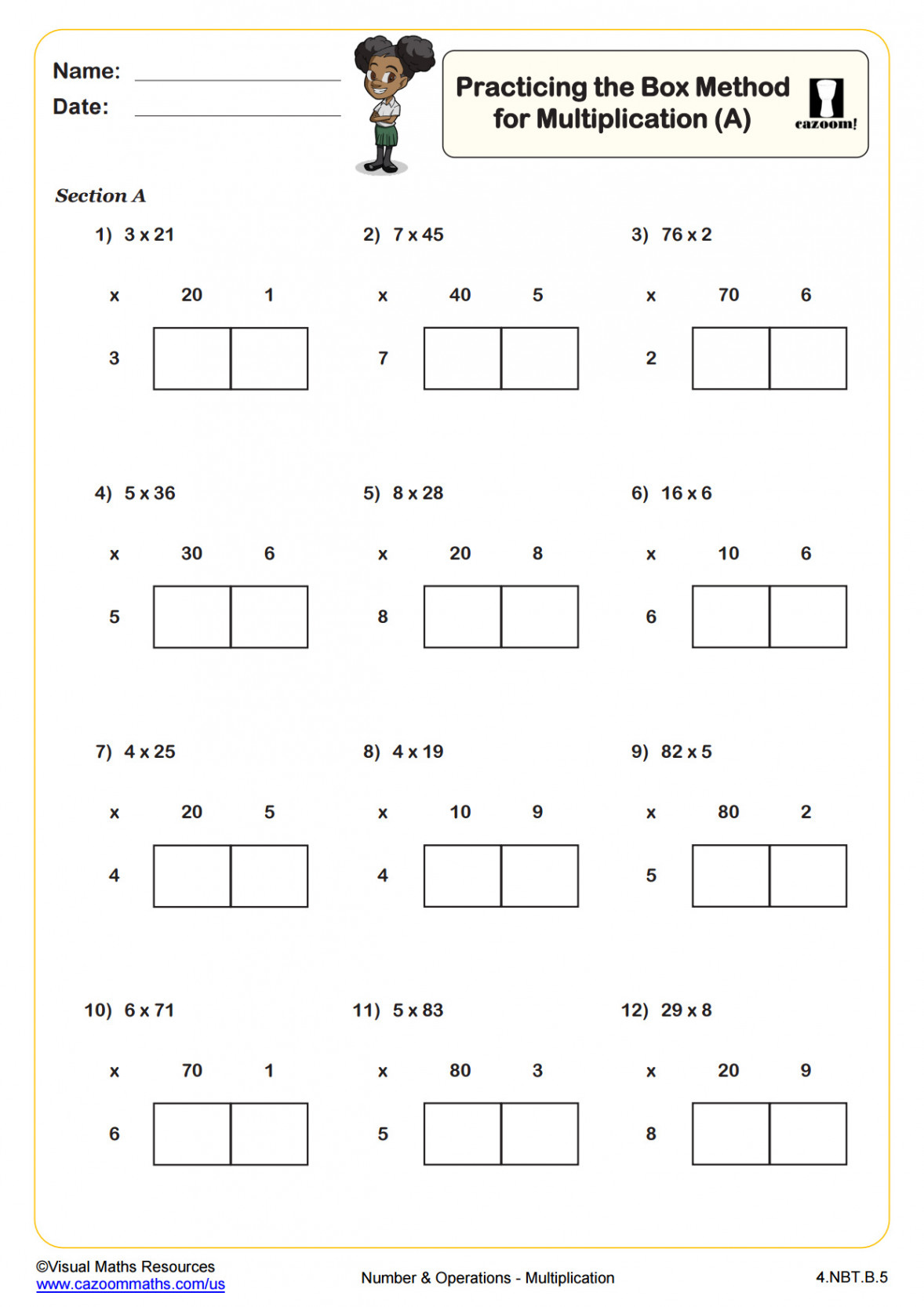 Practicing the Box Method for Multiplication (B)  PDF printable