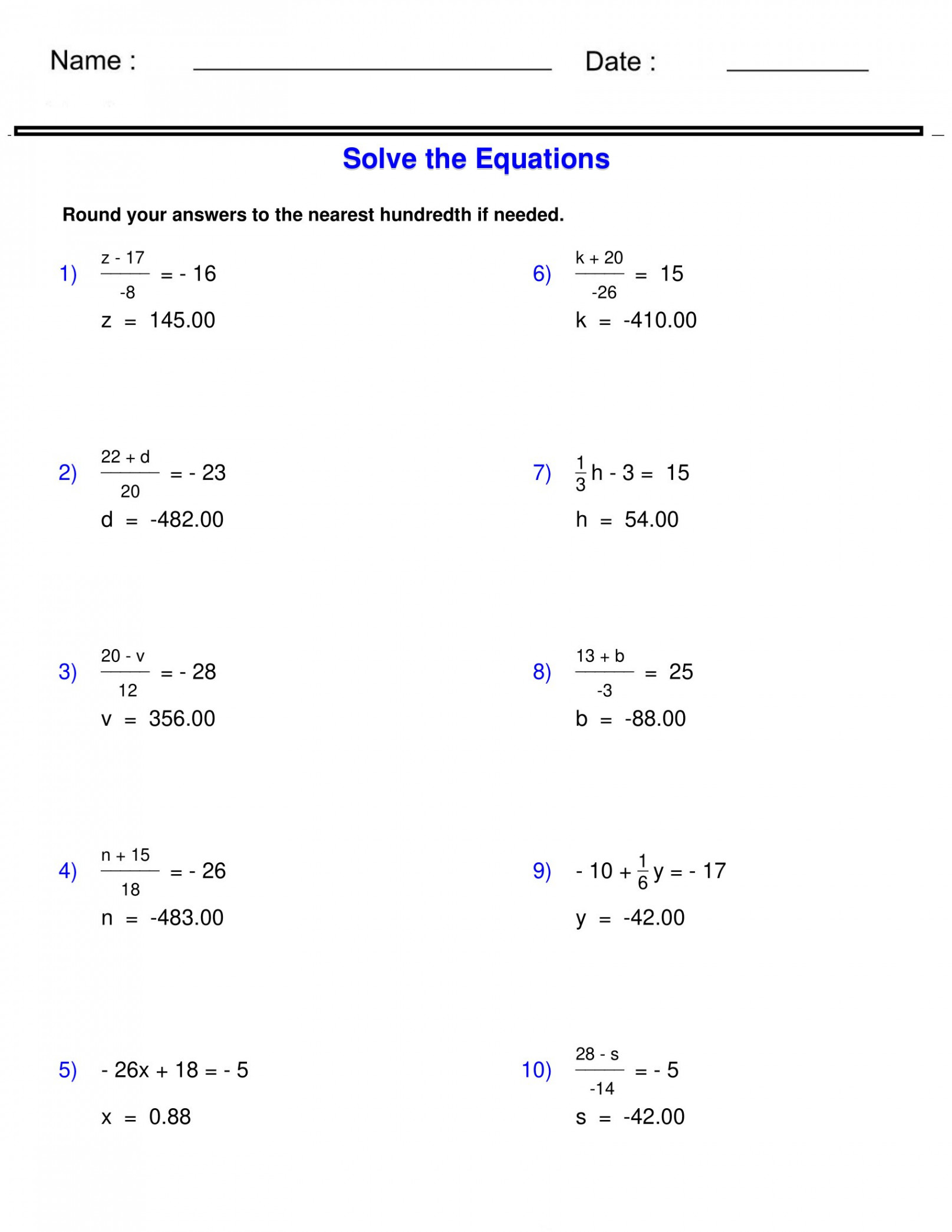 Pre-Algebra - Equations - Two Step Equations Containing Integers Worksheets