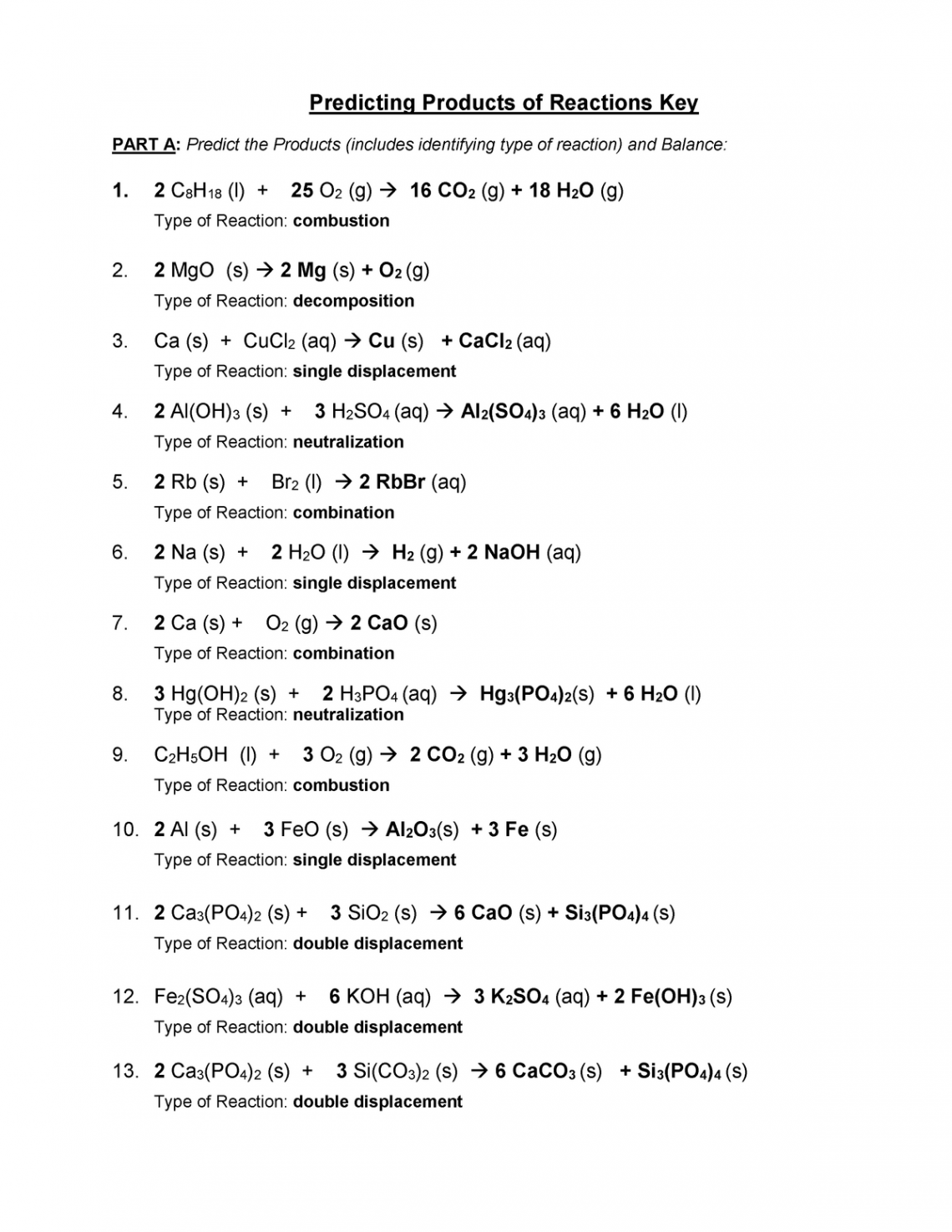 Predicting Products of Reactions Key - Predicting Products of