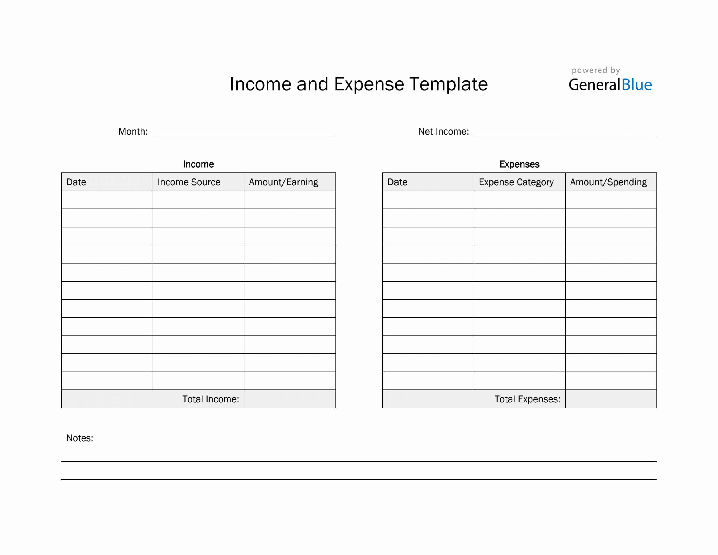 Printable Income and Expense Template in PDF