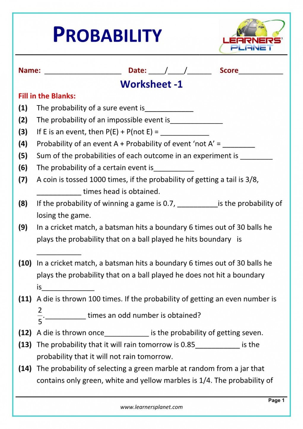 Printable probability worksheets class  math