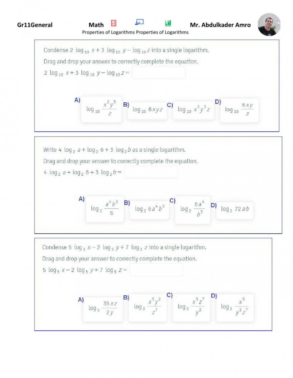 Properties of Logarithms Properties of Logarithms worksheet  Live