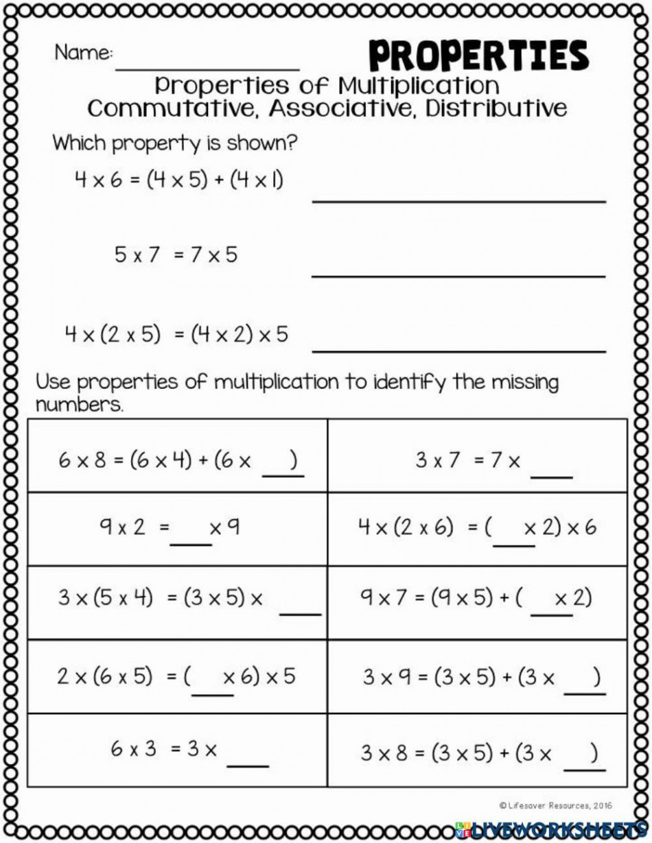 Properties of multiplication worksheet for Grade