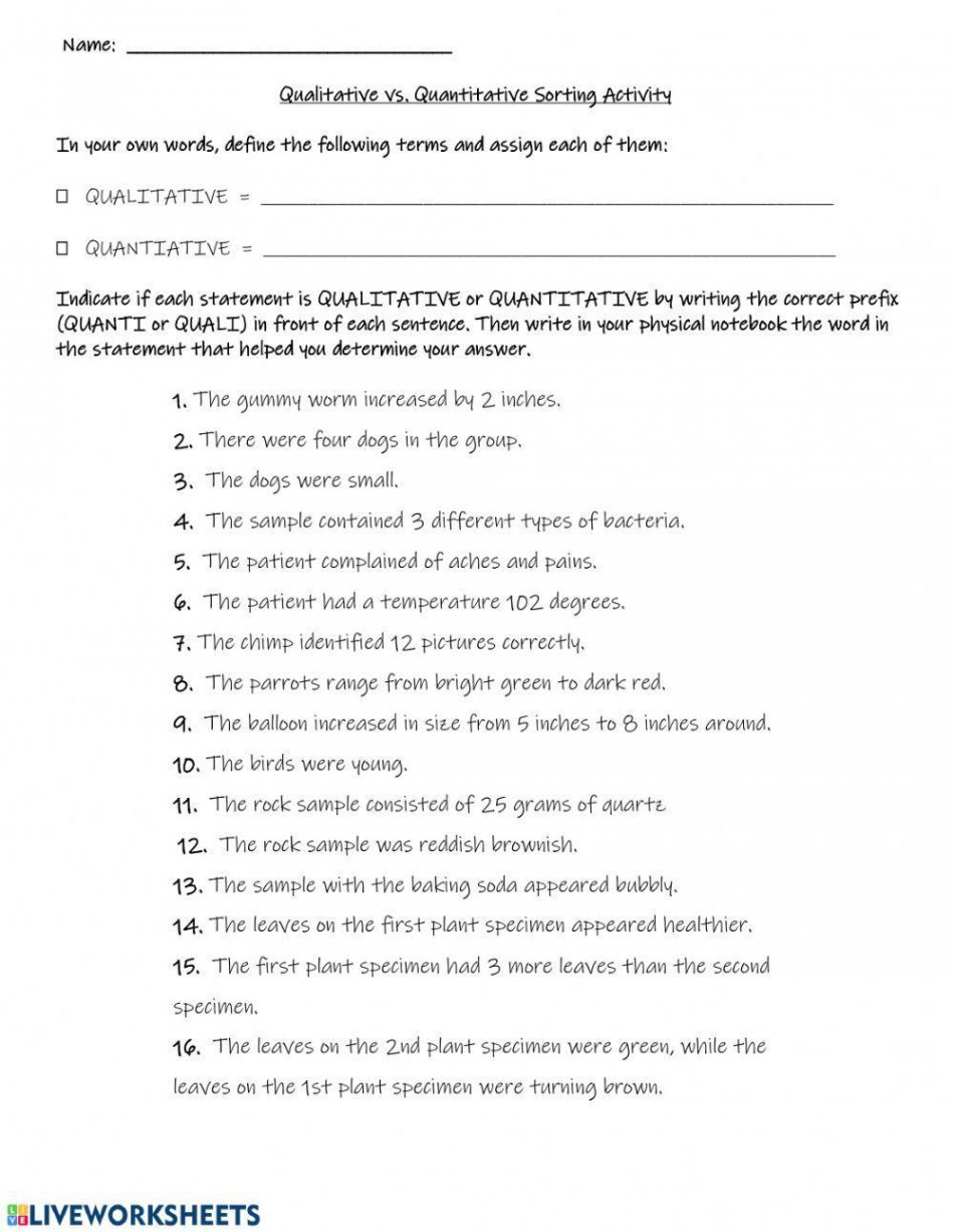 Quantitative and Qualitative variables worksheet  Live Worksheets