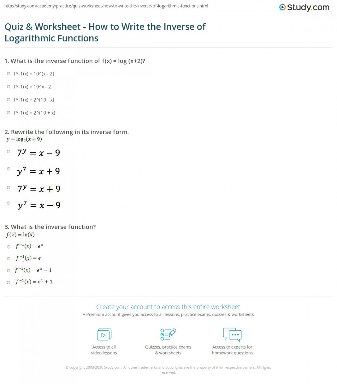 Quiz & Worksheet - How to Write the Inverse of Logarithmic