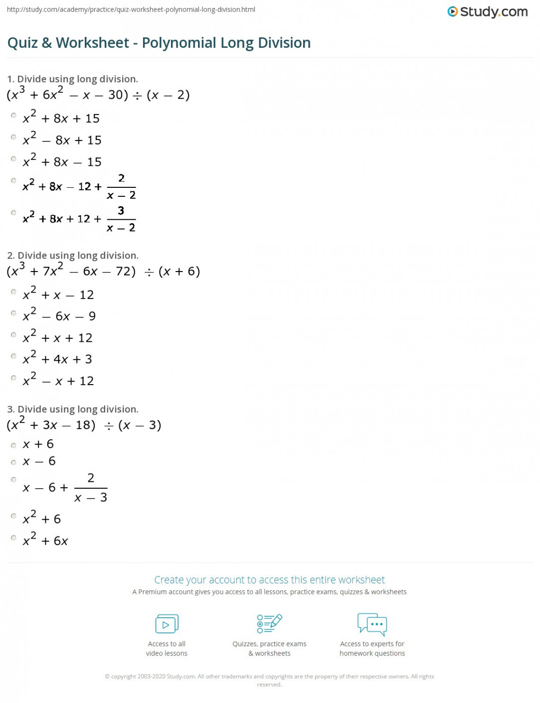 Quiz & Worksheet - Polynomial Long Division  Study