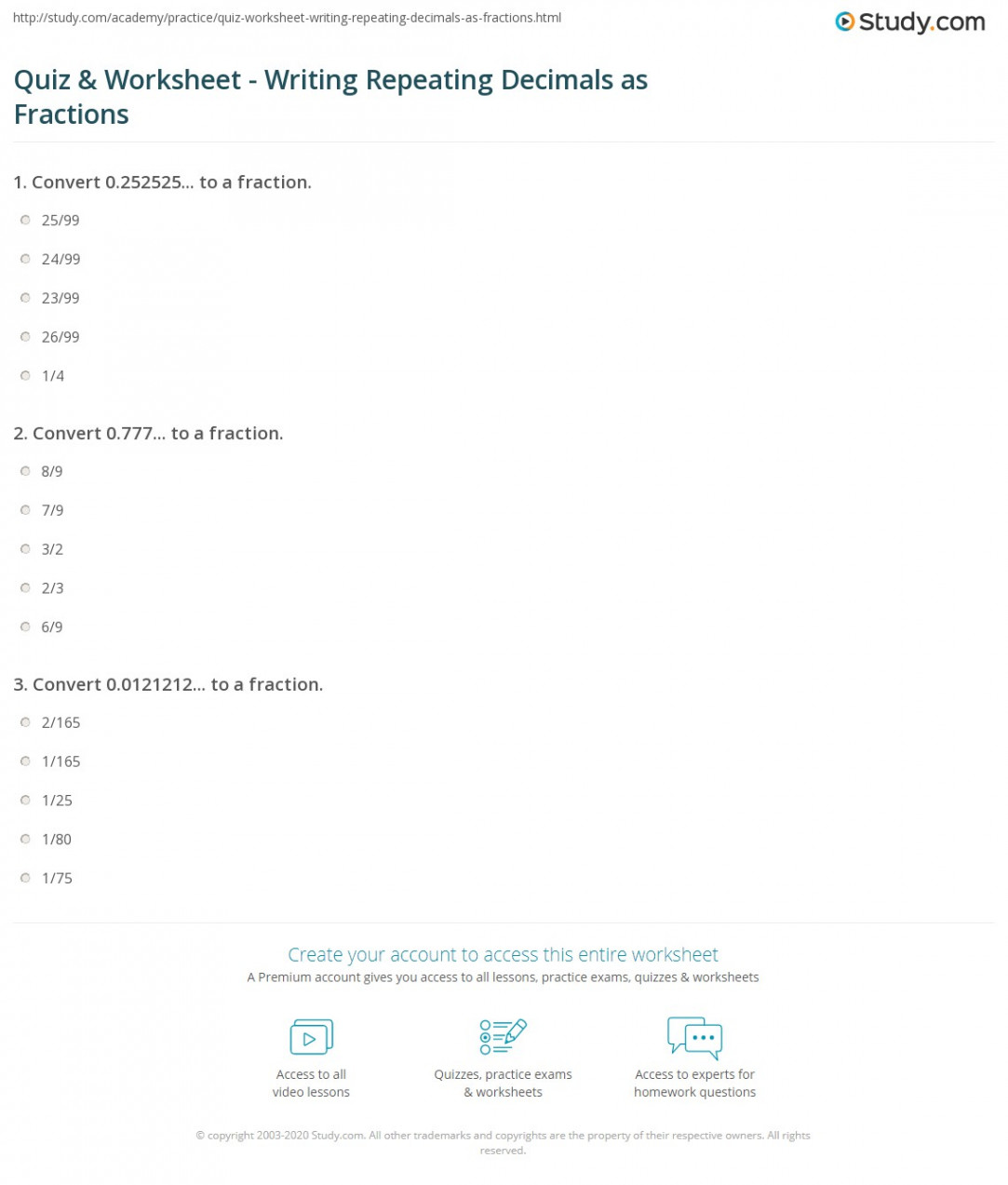 Quiz & Worksheet - Writing Repeating Decimals as Fractions  Study