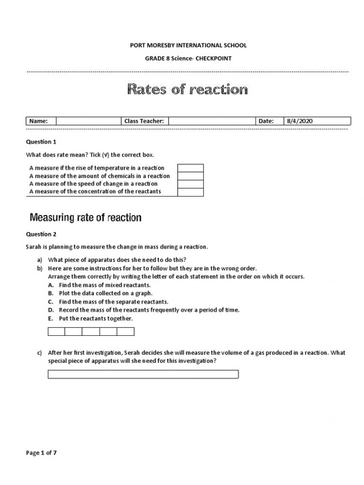 Rate of Reaction - Grade  Worksheet  PDF  Catalysis  Chemical