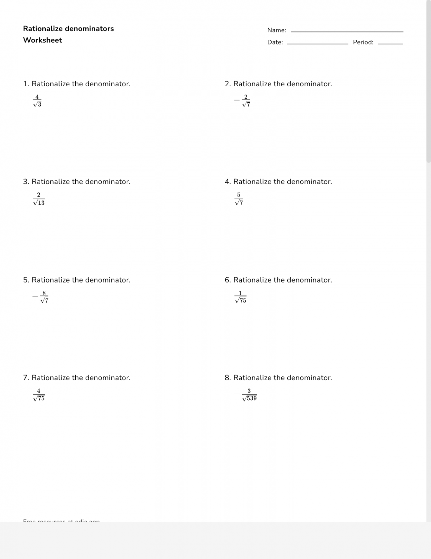 Rationalize Denominators - Worksheet