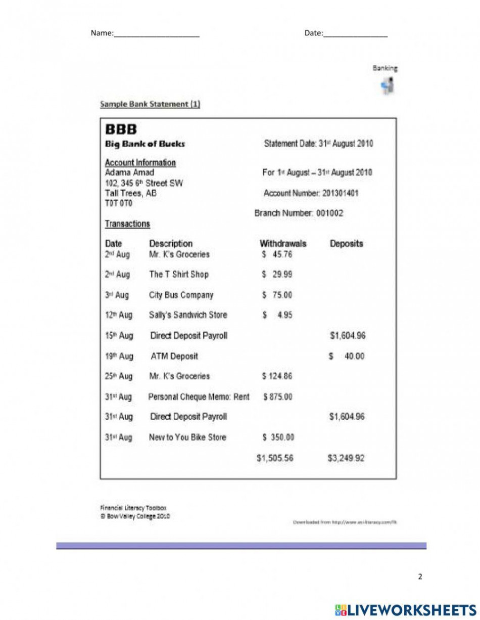 Reading a Bank Statement worksheet  Live Worksheets