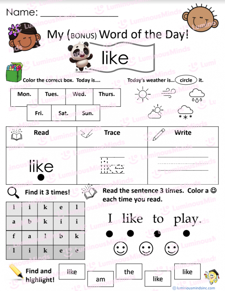 Reading Comprehension Worksheets - My Word of the Day: like