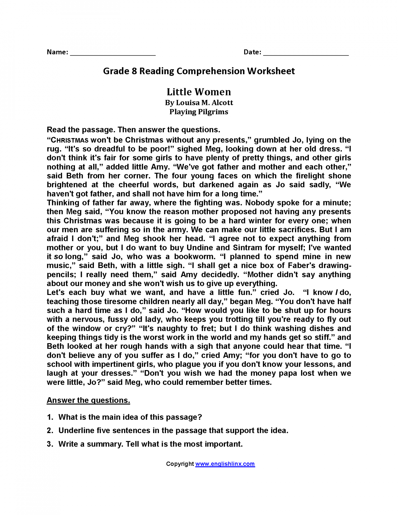 Reading Worksheets  Eighth Grade Reading Worksheets  Reading