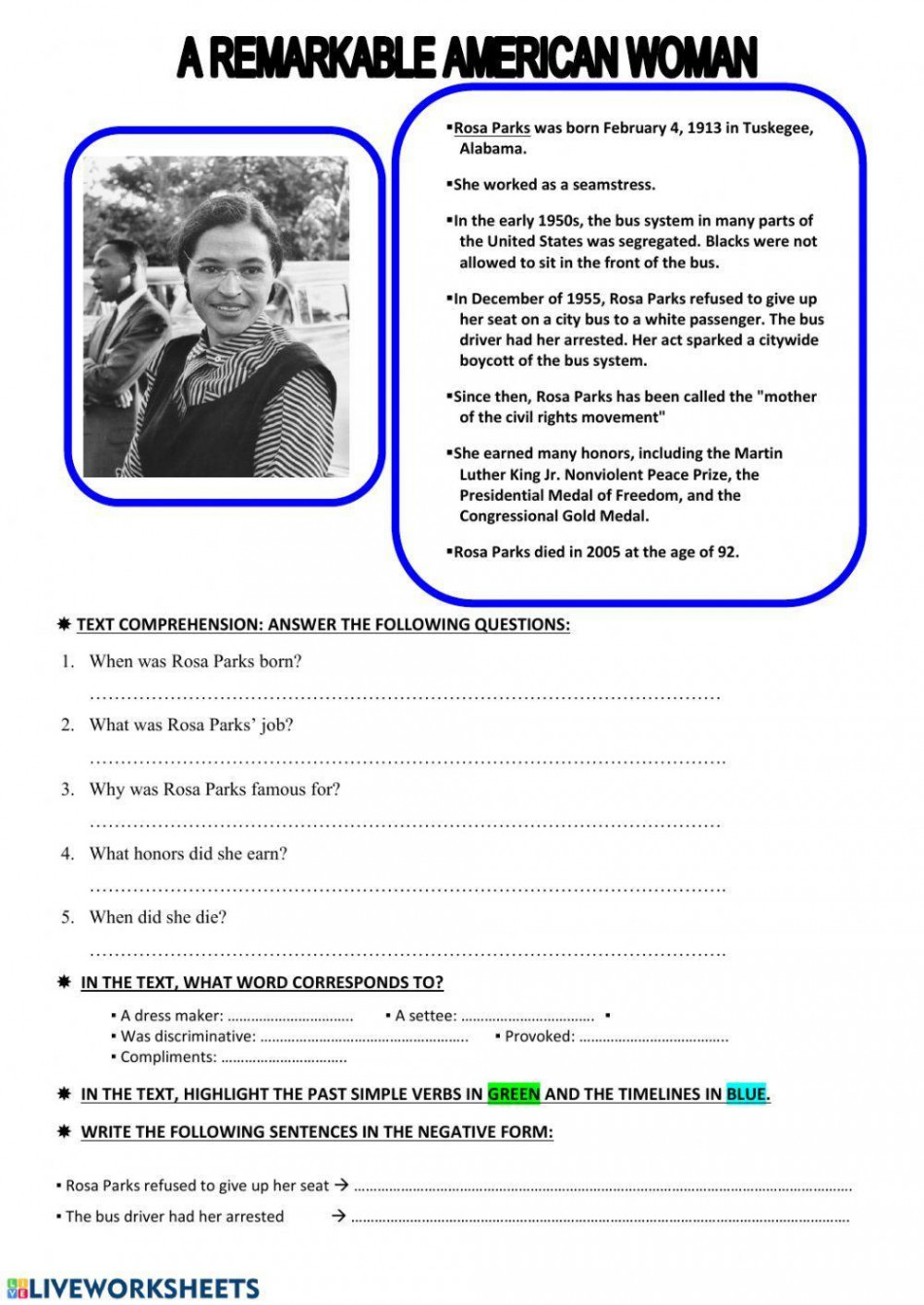 Rosa Parks Text comprehension worksheet  Live Worksheets