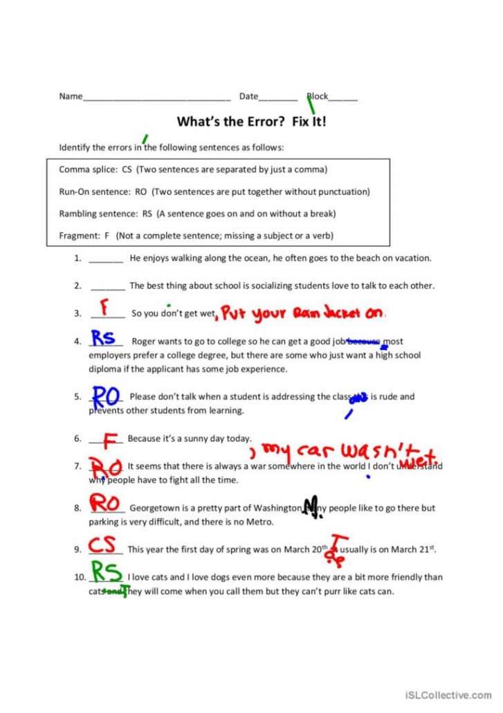 Run-on Sentences, Comma Splices, Ram: English ESL worksheets pdf