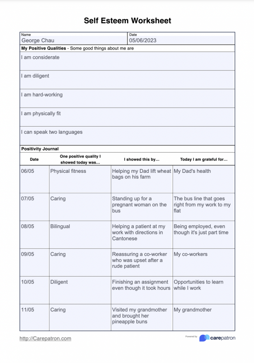 Self Esteem Worksheet & Example  Free PDF Download