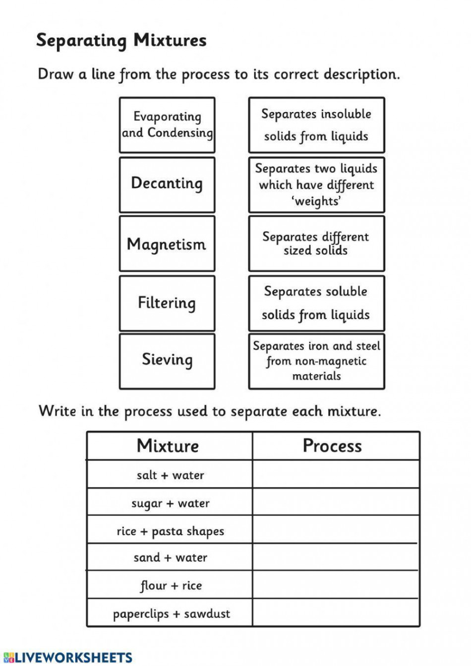 Separating Mixtures activity  Live Worksheets