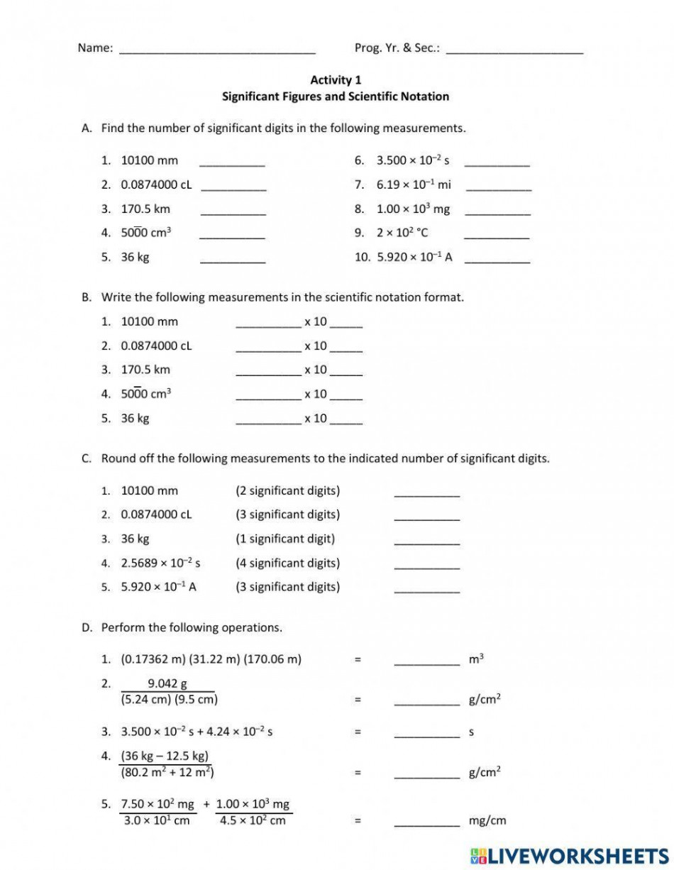 Significant Figures & Scientific Notation worksheet  Live Worksheets