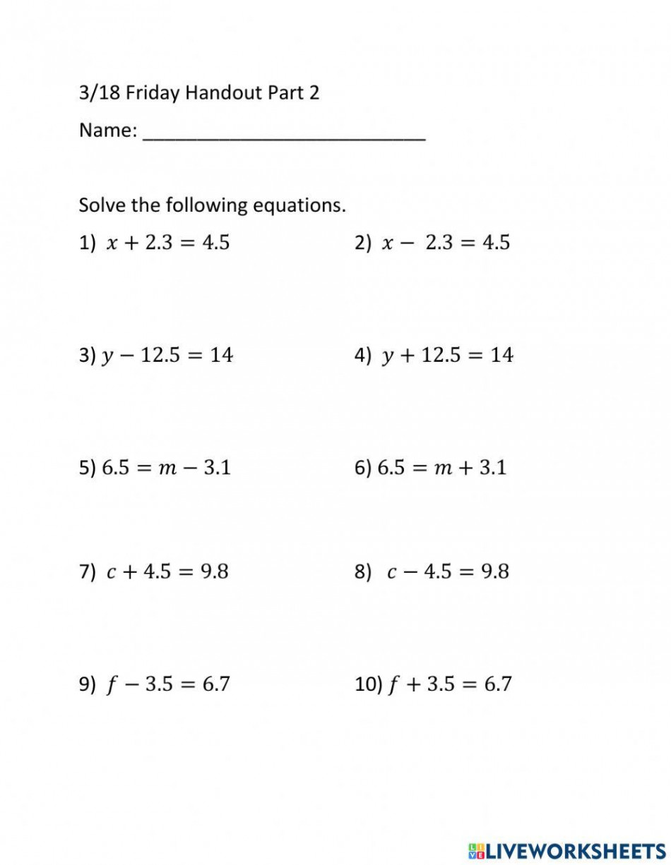 Simple Linear Equations worksheet  Live Worksheets