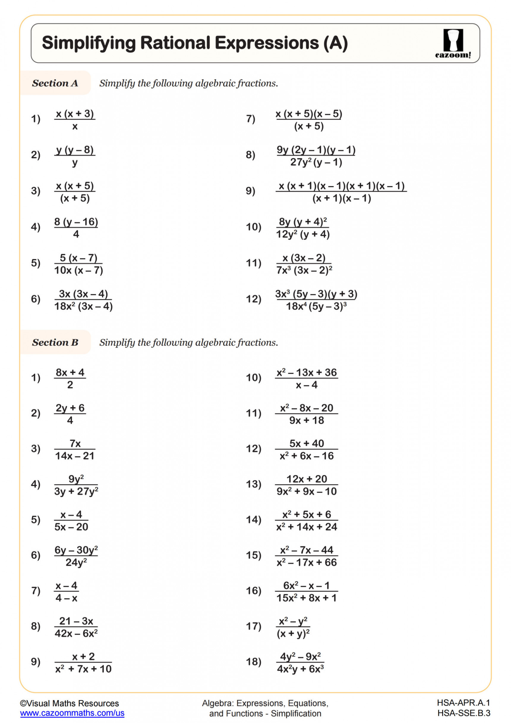 Simplifying Rational Expressions (A) Worksheet  Algebra II PDF