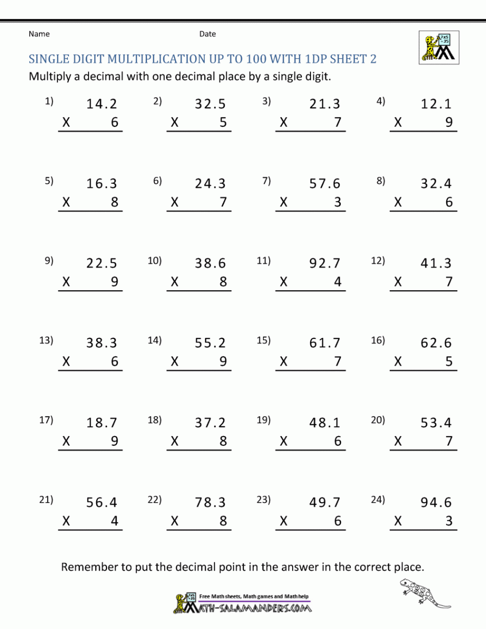 Single Digit Multiplication up to  with dp Sheet   Decimals