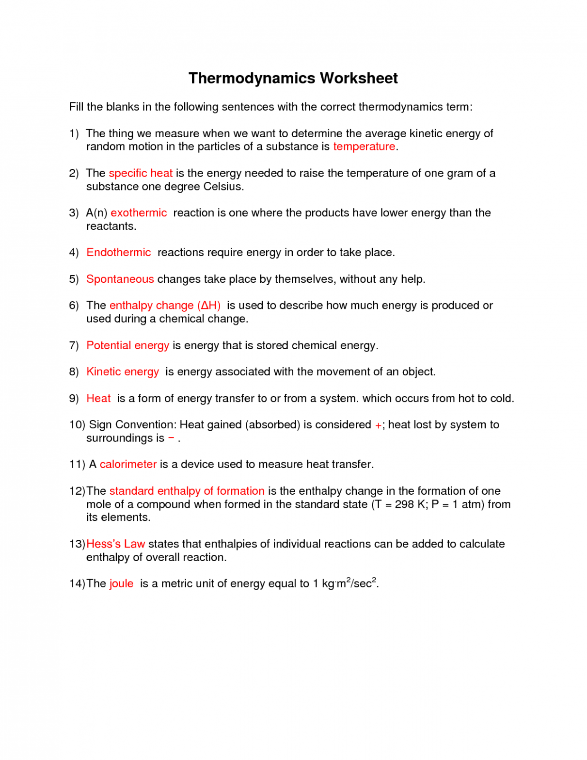 SOLUTION: Energetics thermodynamics part  review ws answer key