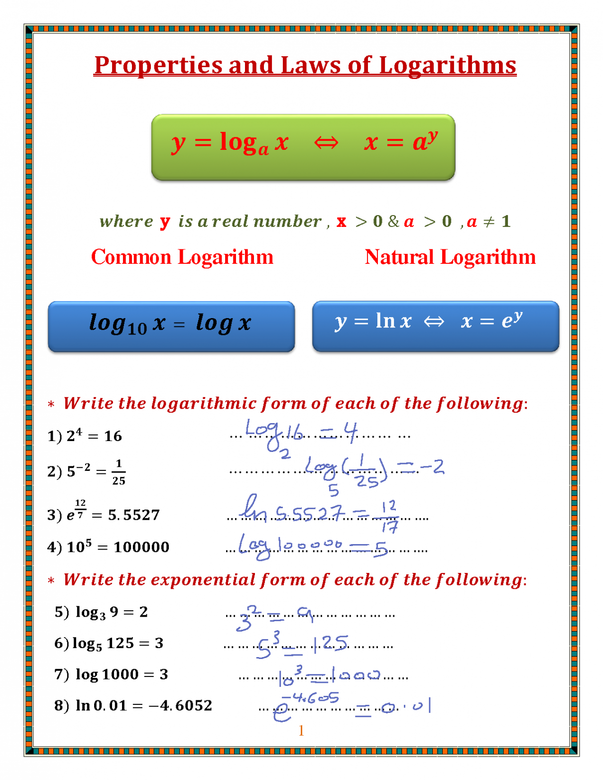 SOLUTION: Properties and Laws of Logarithms Worksheets - Studypool