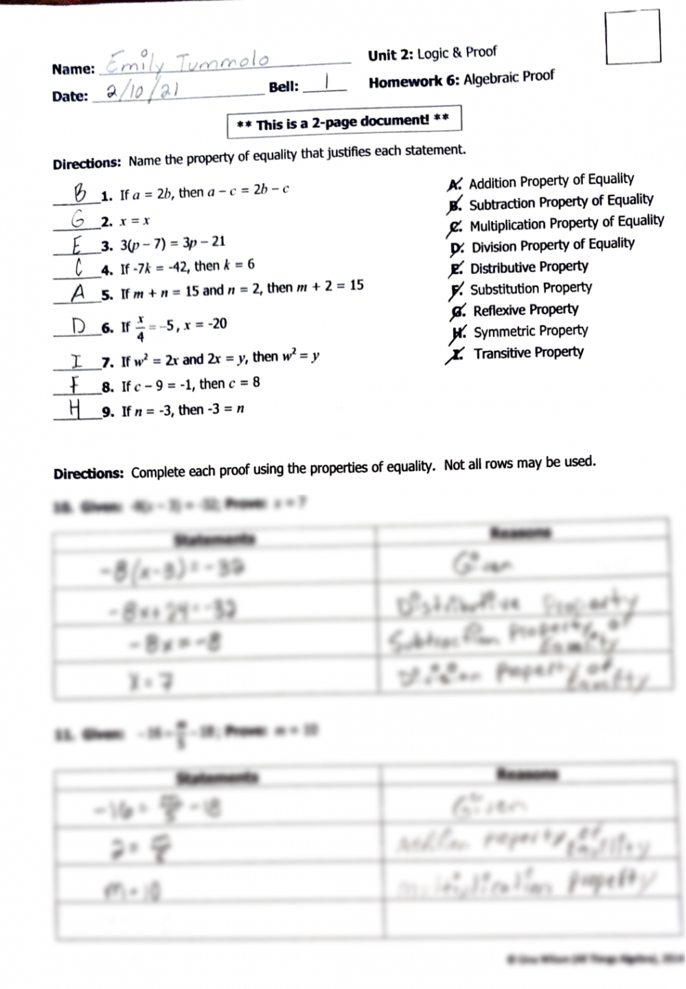 SOLUTION: Unit  Logic and Proof Algebraic Proof Worksheet - Studypool