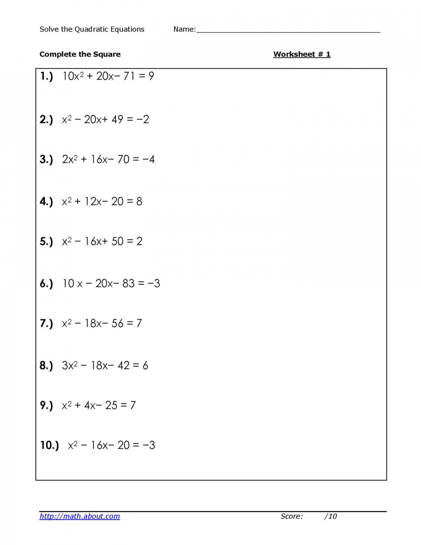 Solve Quadratic Equations by Competing the Square Worksheets