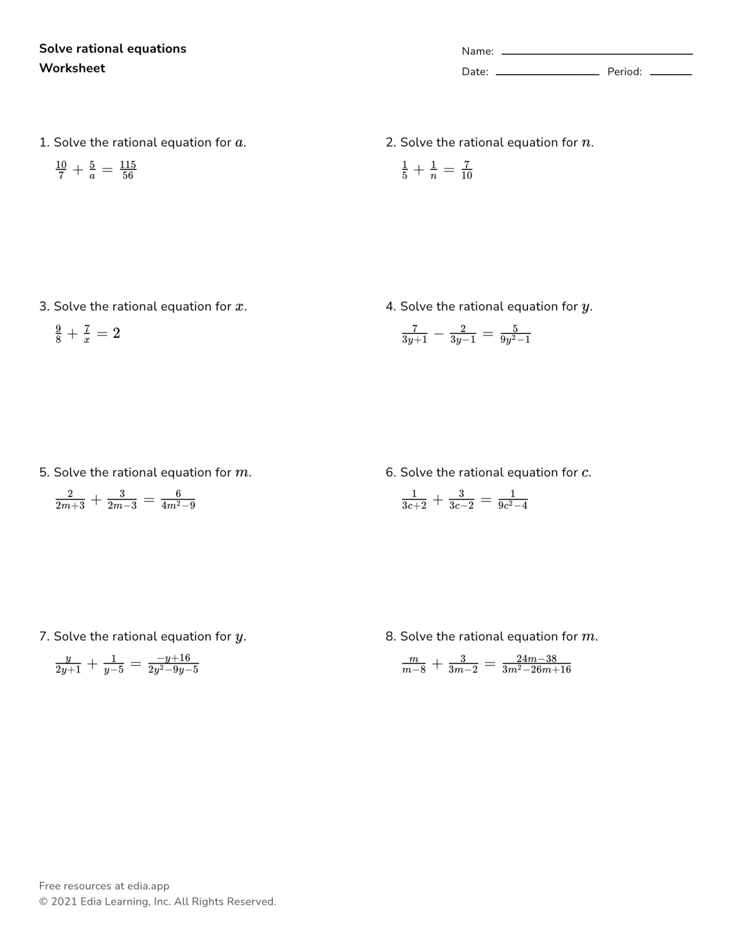 Solve Rational Equations - Worksheet