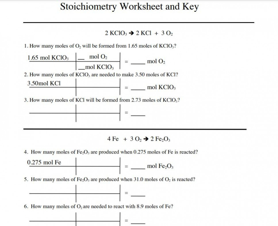 Solved Stoichiometry Worksheet and Key  KCIO →  KCl +