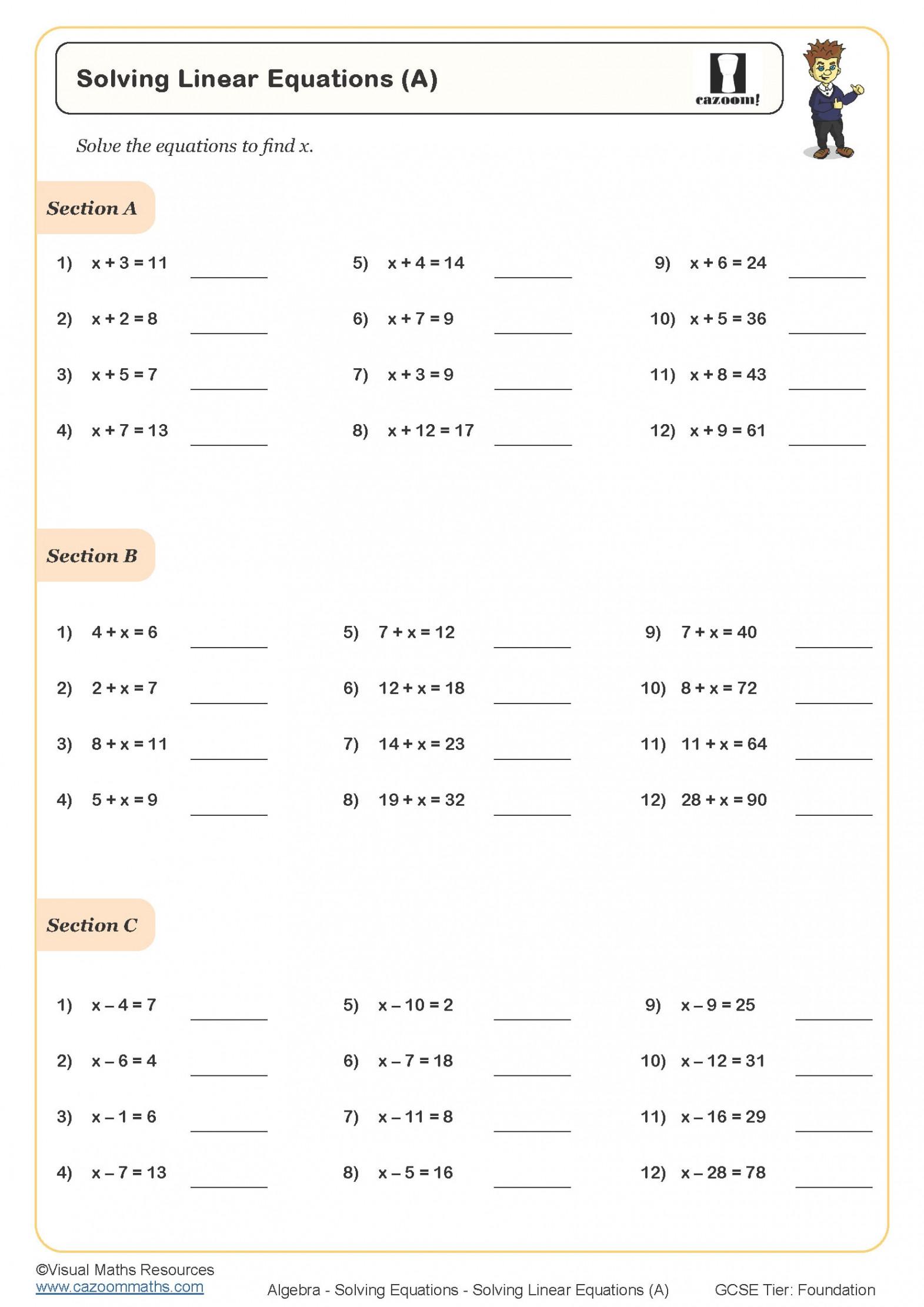 Solving Linear Equations (A) Worksheet  Printable Maths Worksheets