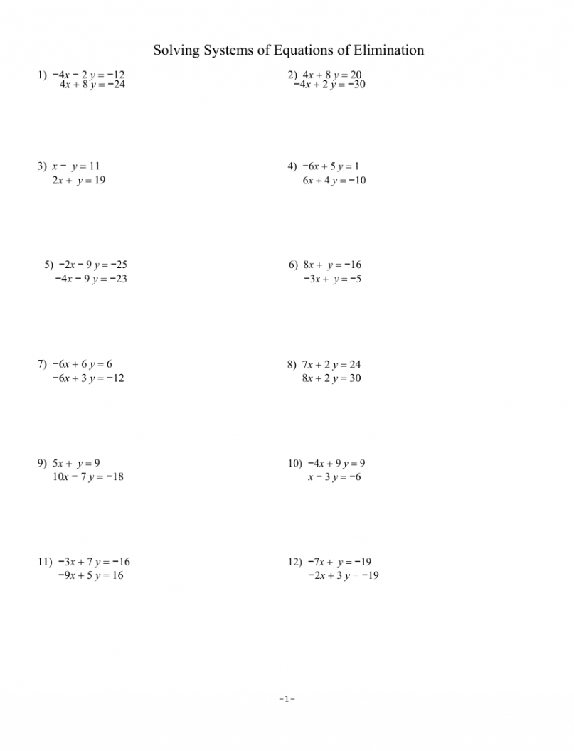 Solving Systems of Equations by Elimination Worksheet  Math Word