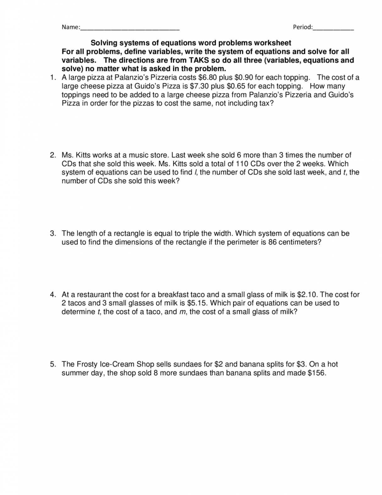 Solving systems of equations word problems worksheet  Schemes and