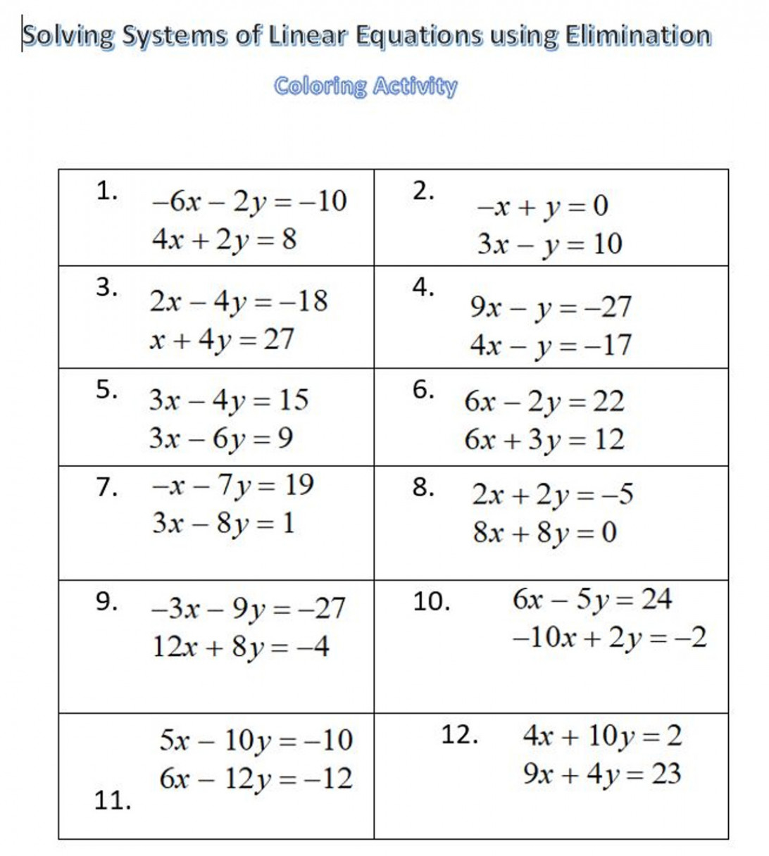 Solving Systems of Linear Equations using Elimination - COLORING ACTIVITY