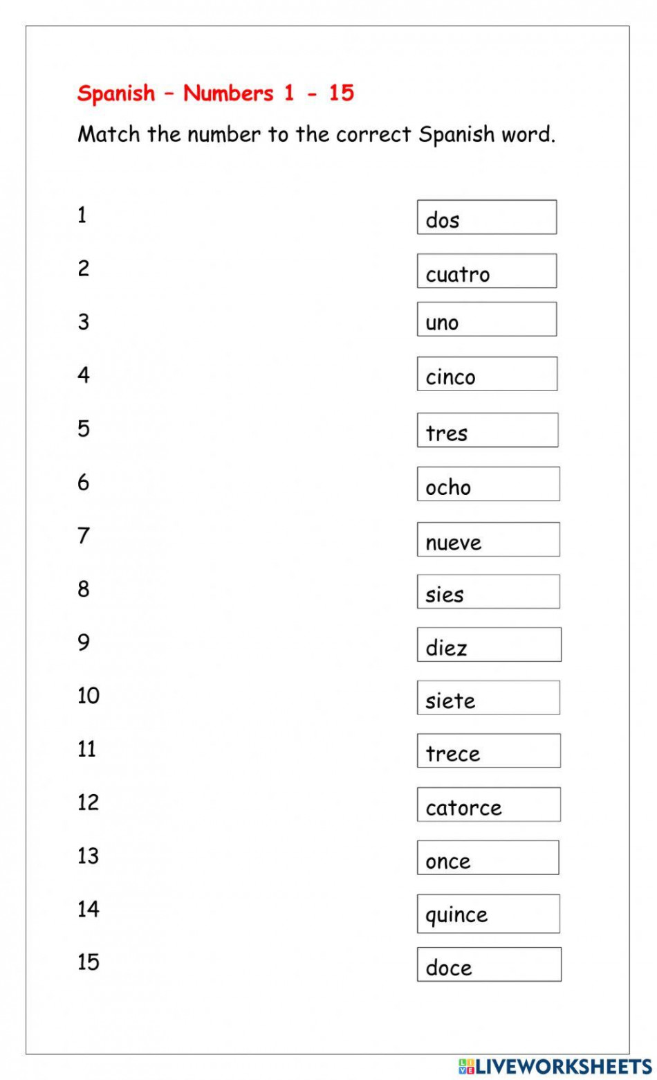 Spanish - Numbers -5 worksheet  Live Worksheets