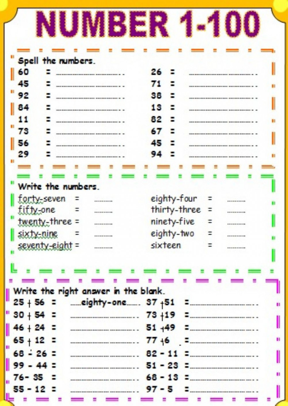 Spanish Numbers Worksheet  00 Numbers  to 00 Numbers Exercise