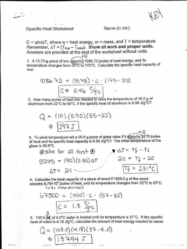 Specific Heat WKSHT Key PDF  PDF