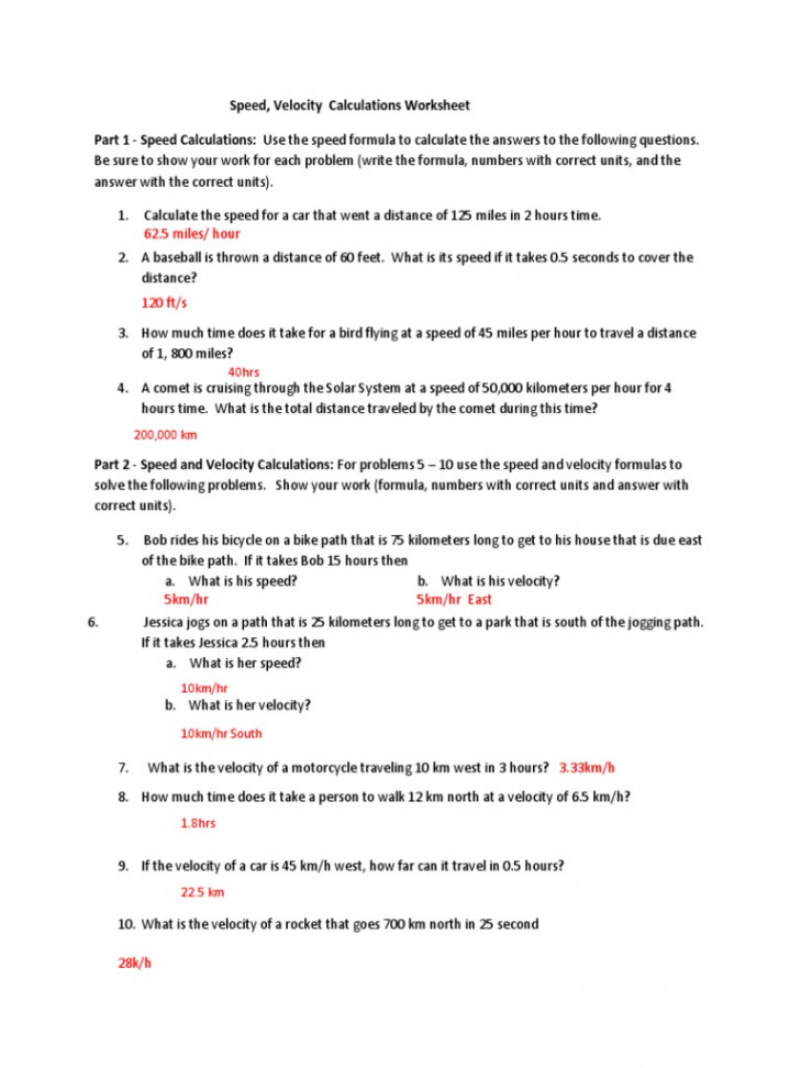 Speed, Velocity Calculations Worksheet Part  - Speed Calculations