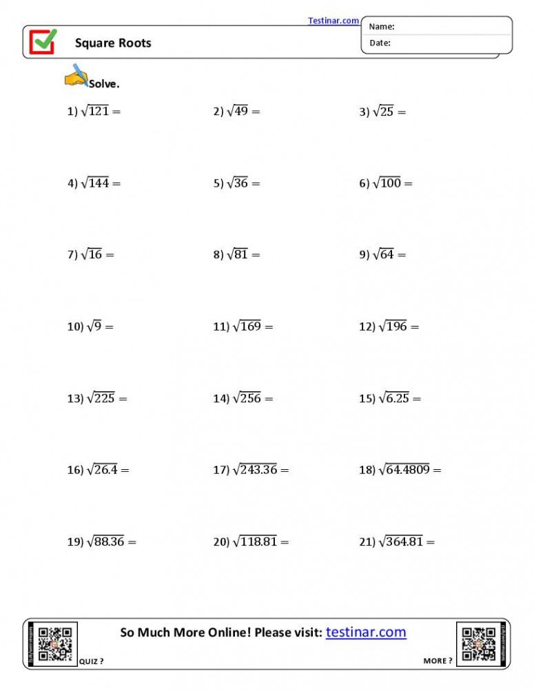 Square Roots worksheets