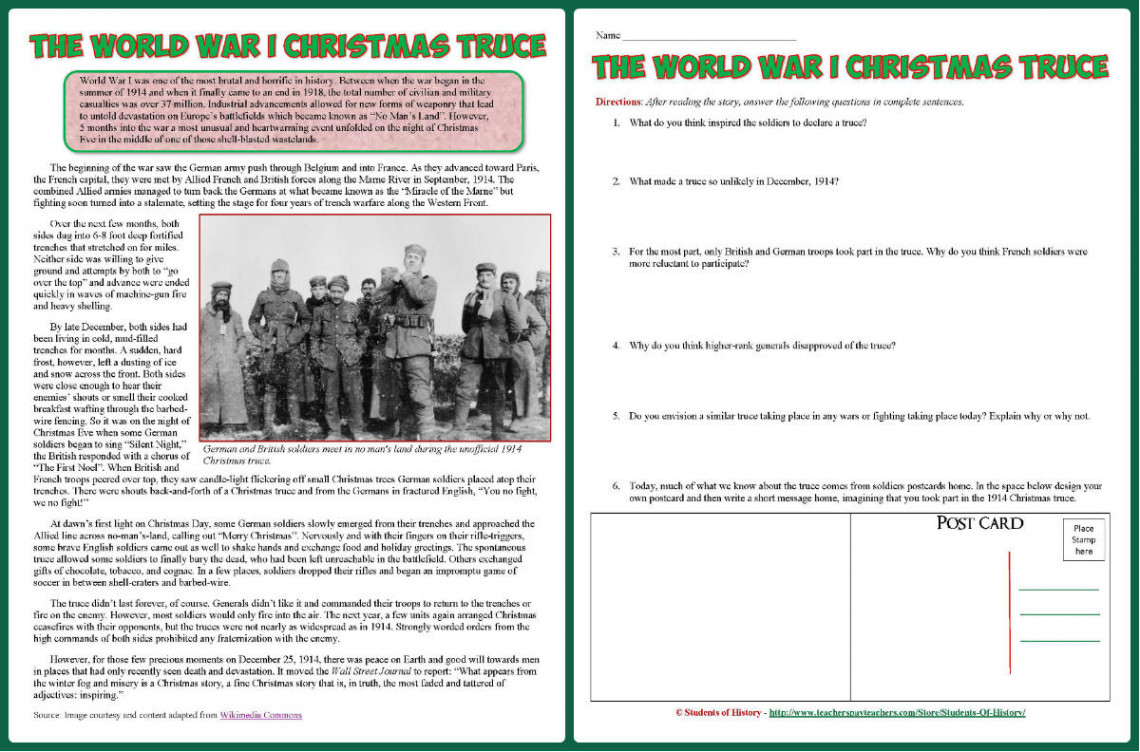 Students of History: World War  Reading on Christmas Truce Lesson