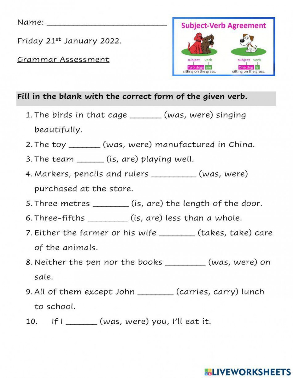 Subject Verb Agreement interactive activity for Grade   Live