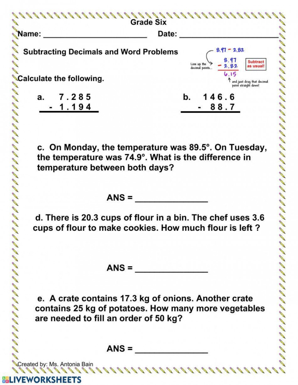 Subtracting Decimals Word Problems worksheet  Live Worksheets