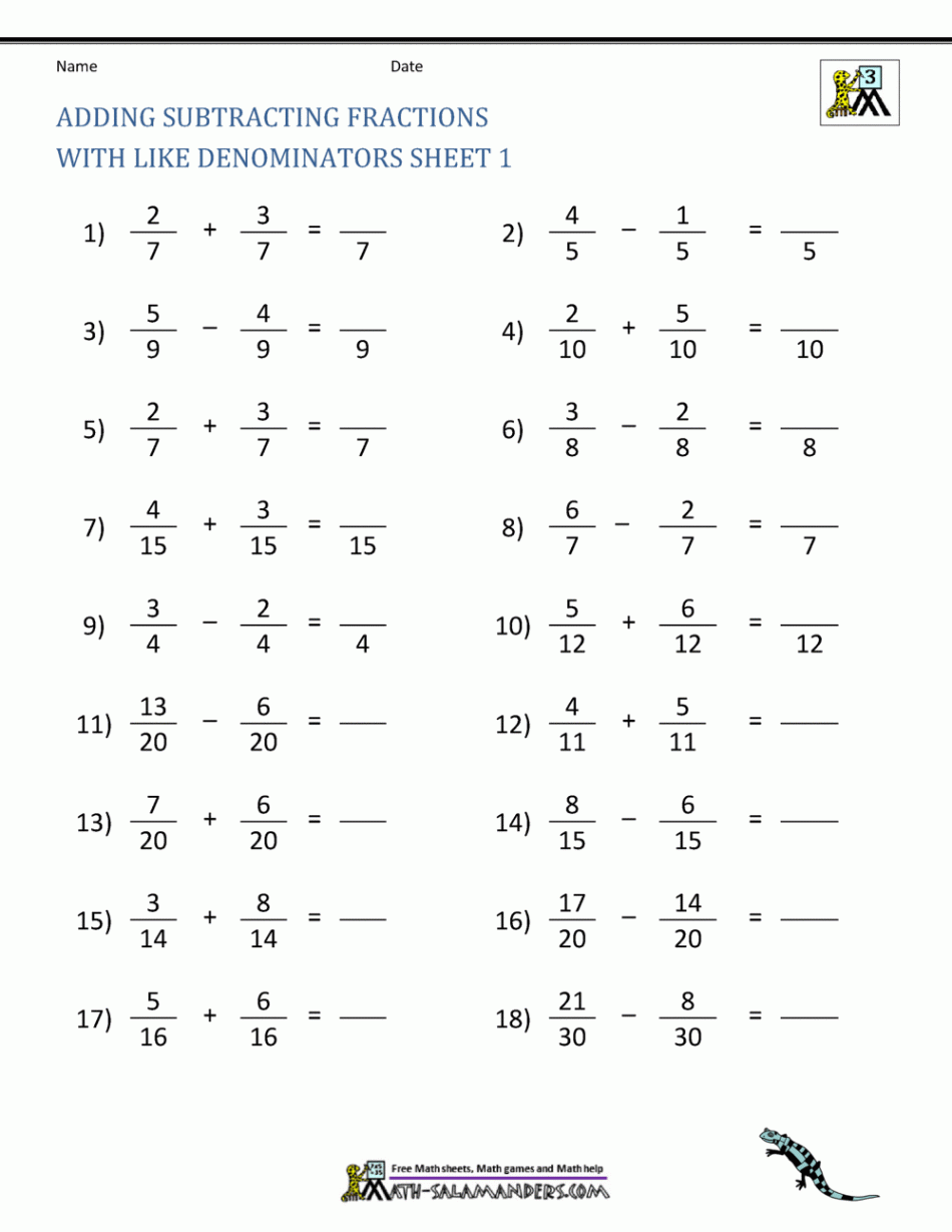 Subtracting Fractions With Like Denominators Worksheets