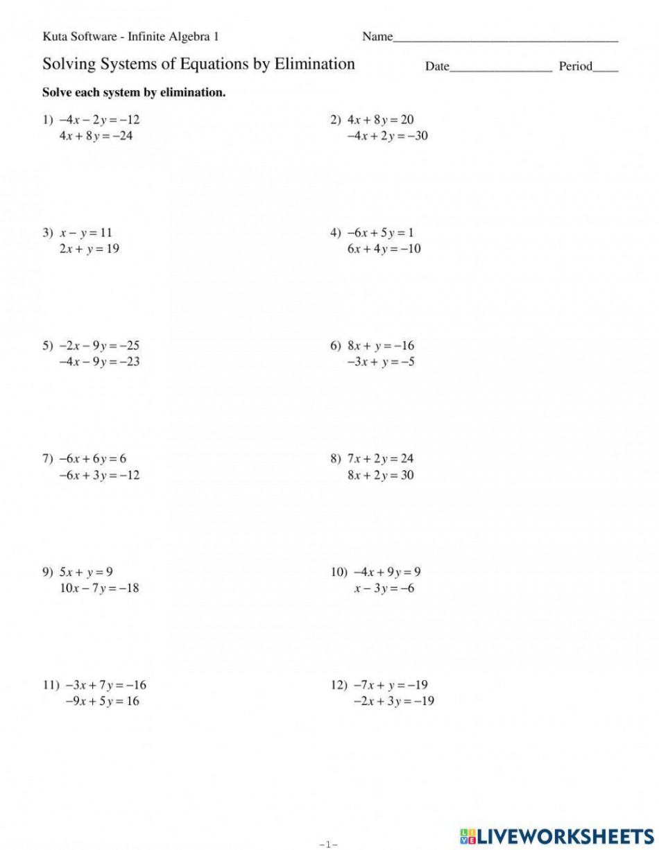 Systems of Equations Elimination worksheet  Live Worksheets