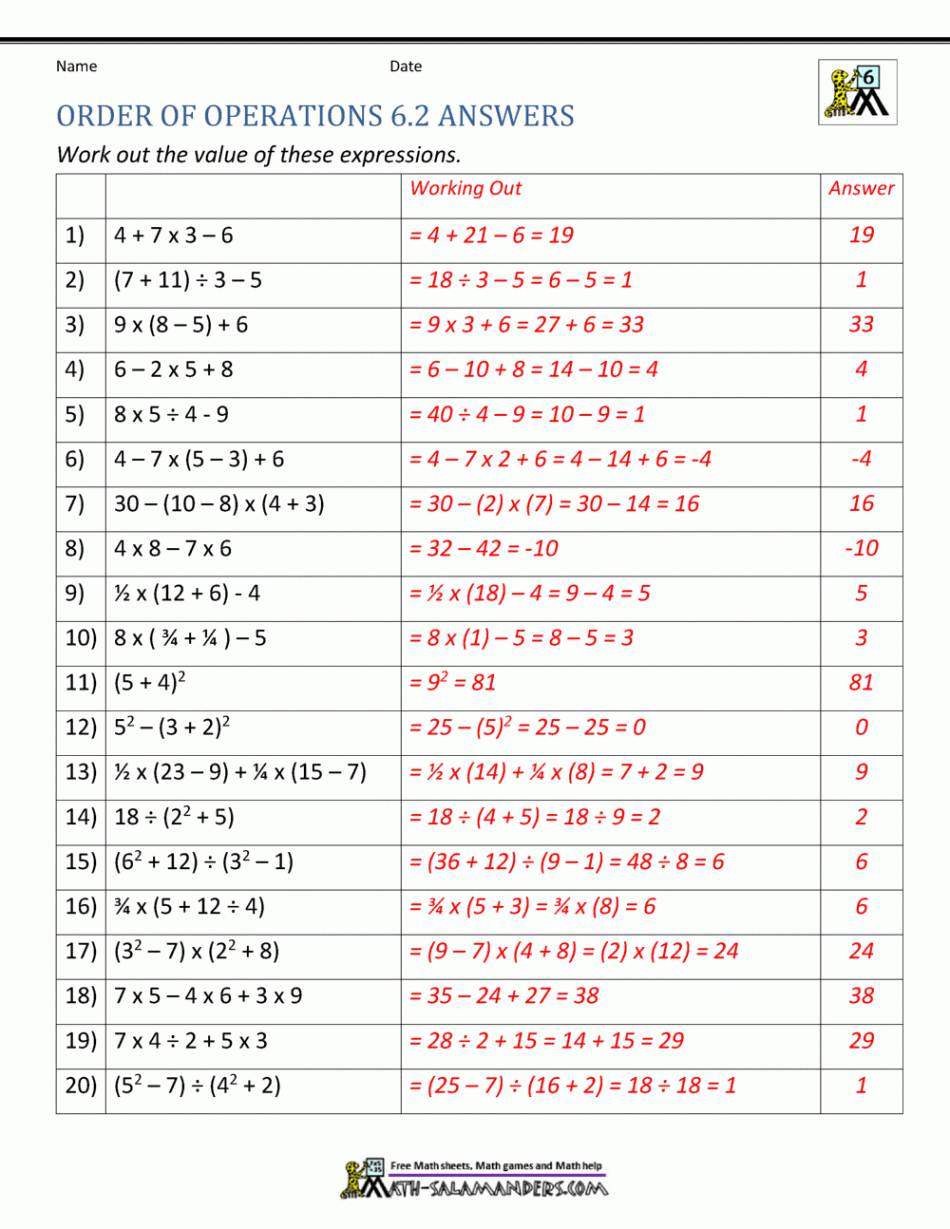 th Grade Order of Operations Worksheets