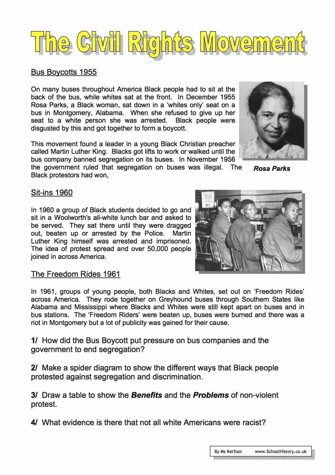 The Civil Rights Movement Worksheets - Year  Free PDF