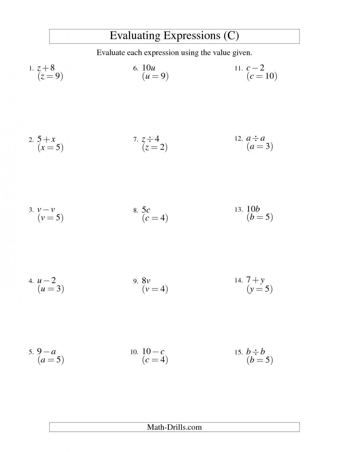 The Evaluating One-Step Algebraic Expressions with One Variable